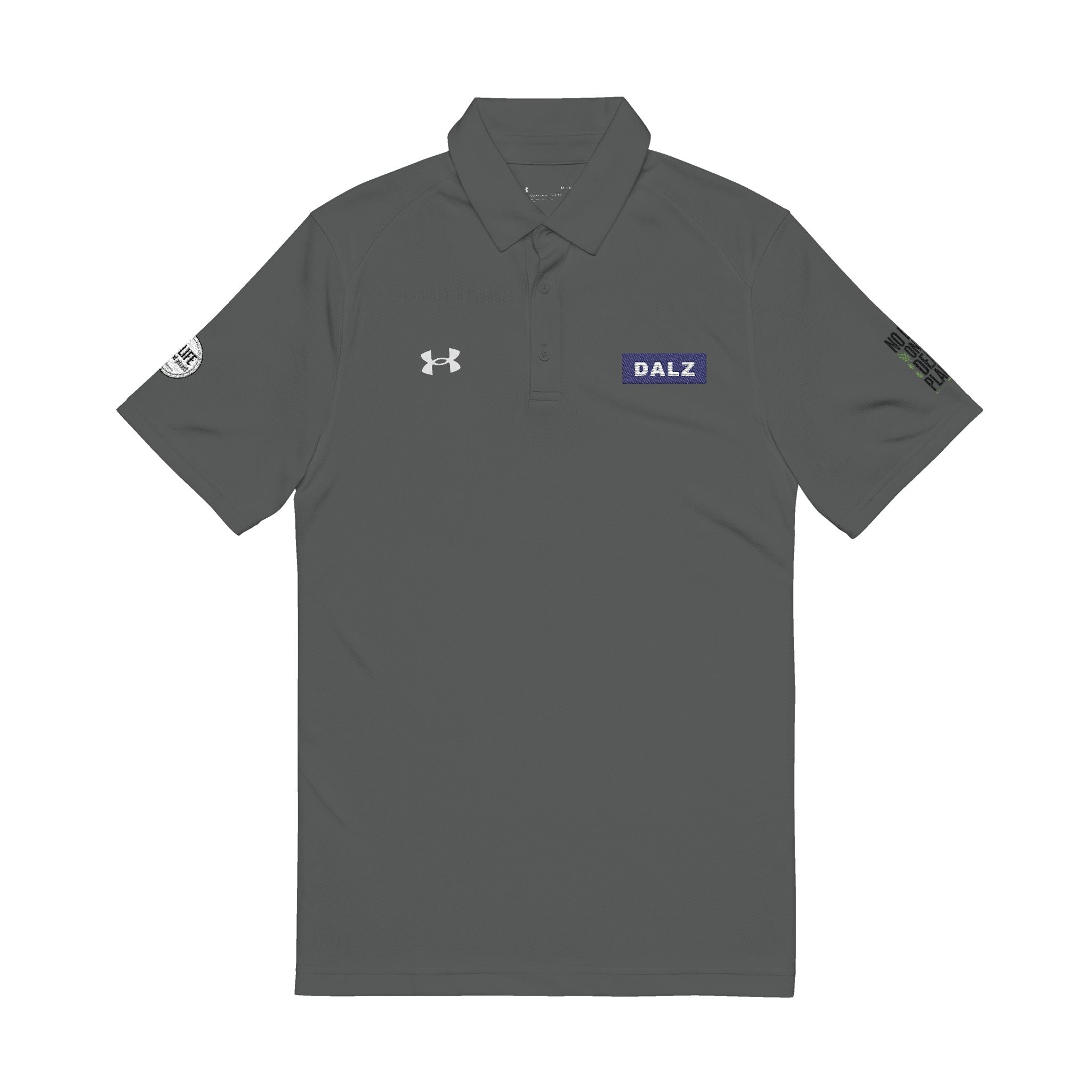 Embroidered White Men's Polo — 'BAZ' Chest Logo, Sleeve Emblems