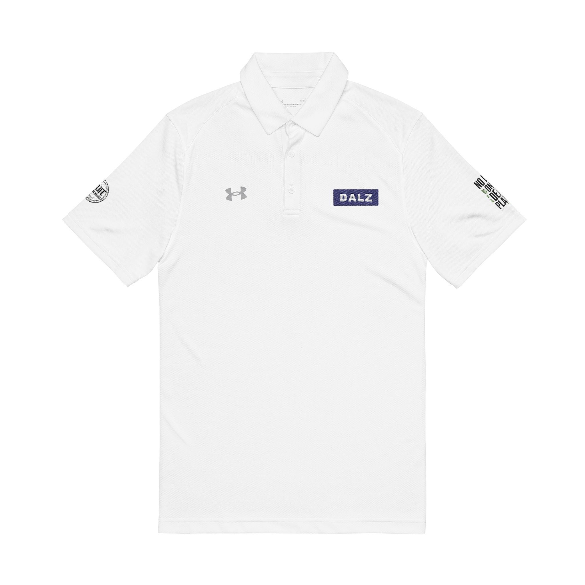 Embroidered White Men's Polo — 'BAZ' Chest Logo, Sleeve Emblems