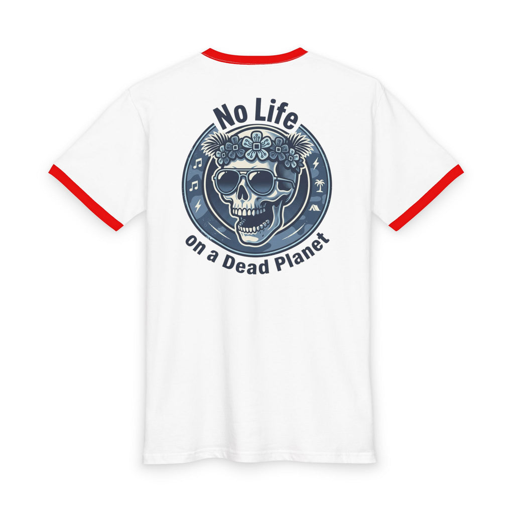 No Life on a Dead Planet Ringer Tee — Skull Floral Eco Awareness Shirt