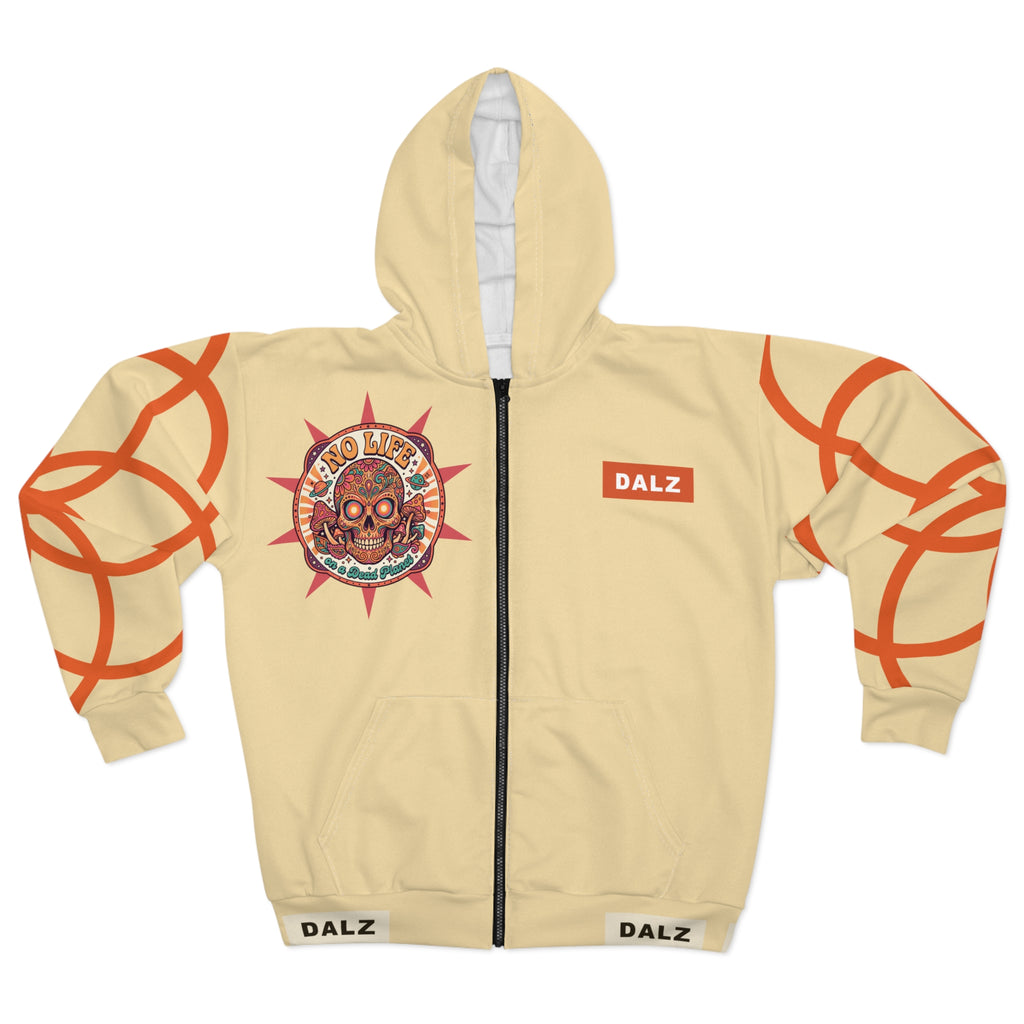 Psychedelic Skull Zip Hoodie — "No Life on a Dead Planet" All-Over Print