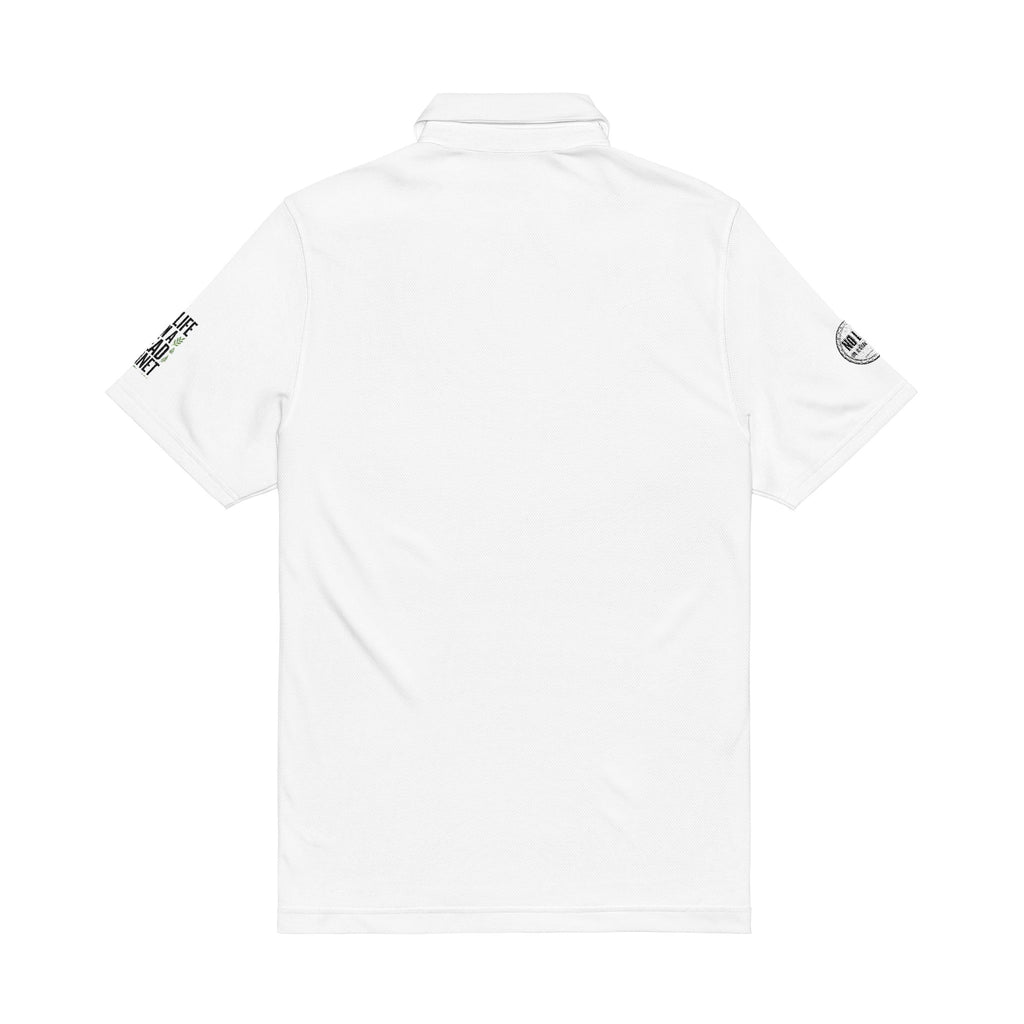 Embroidered White Men's Polo — 'BAZ' Chest Logo, Sleeve Emblems
