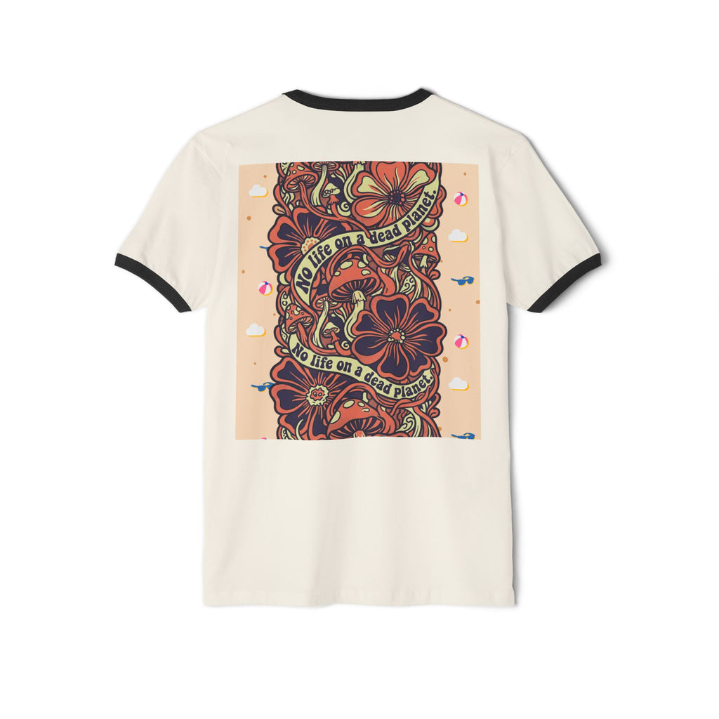Skull & Flowers Ringer T-Shirt — “No Life on Mars” Retro Graphic Tee