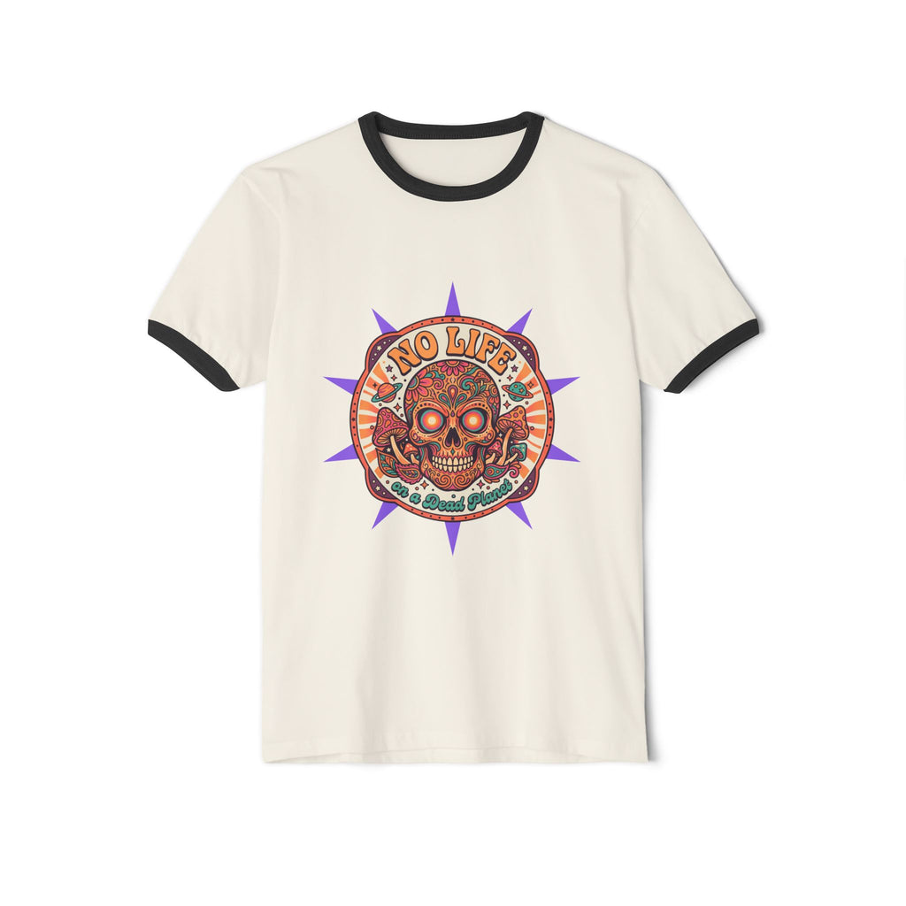 Skull & Flowers Ringer T-Shirt — “No Life on Mars” Retro Graphic Tee