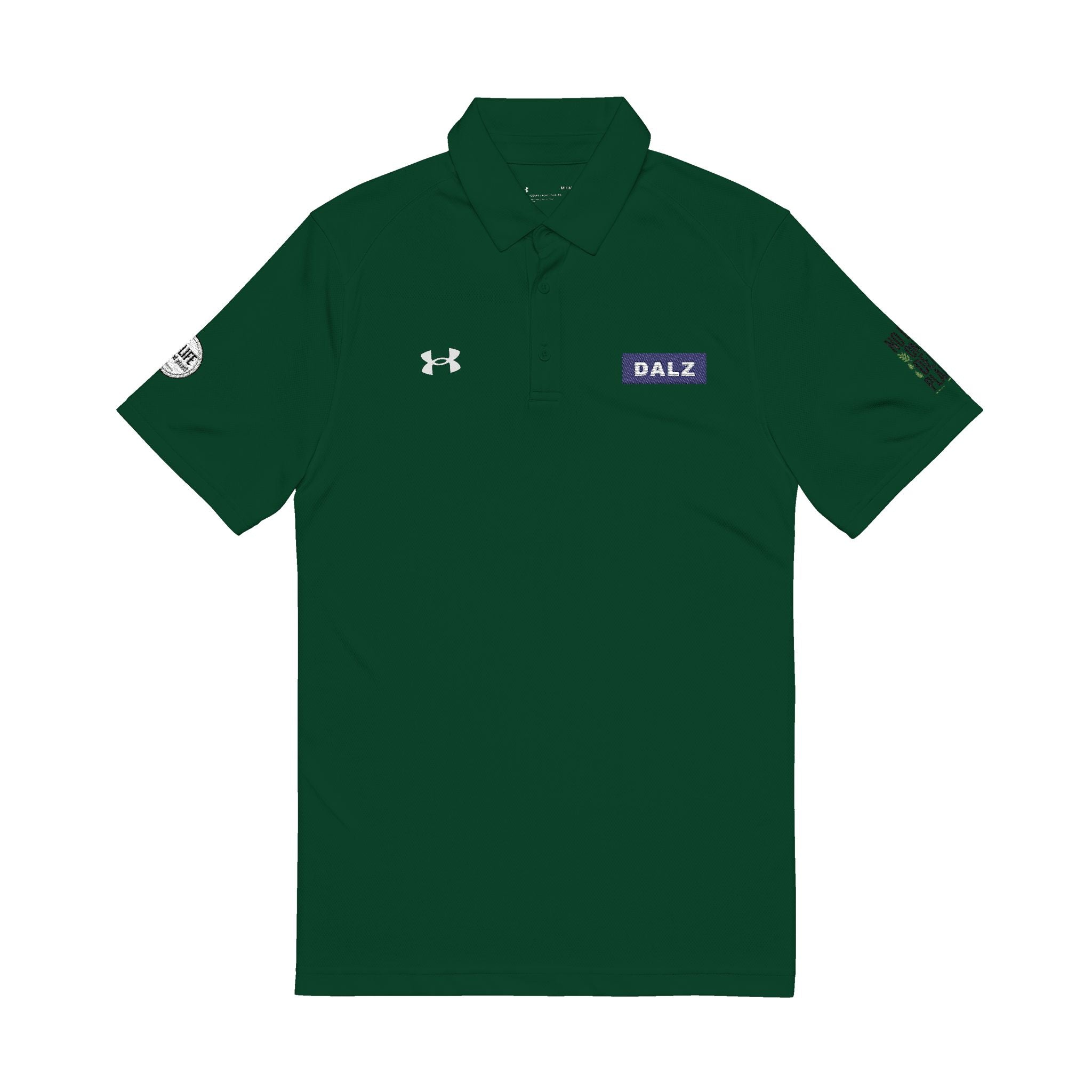 Embroidered White Men's Polo — 'BAZ' Chest Logo, Sleeve Emblems