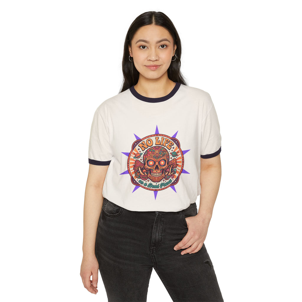 Skull & Flowers Ringer T-Shirt — “No Life on Mars” Retro Graphic Tee