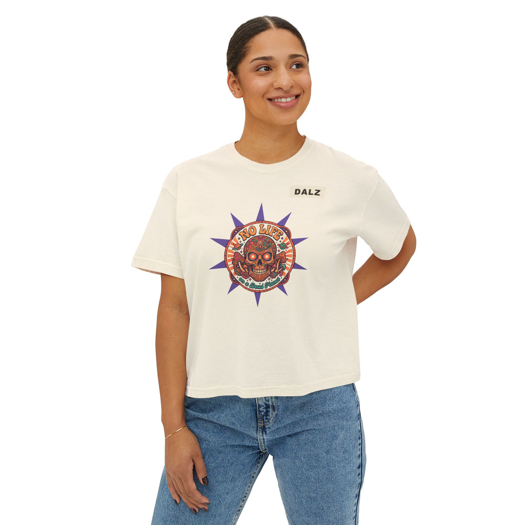 Women's Boxy Tee — Retro Skull & Floral Graphic "No Lies" Crop T-Shirt