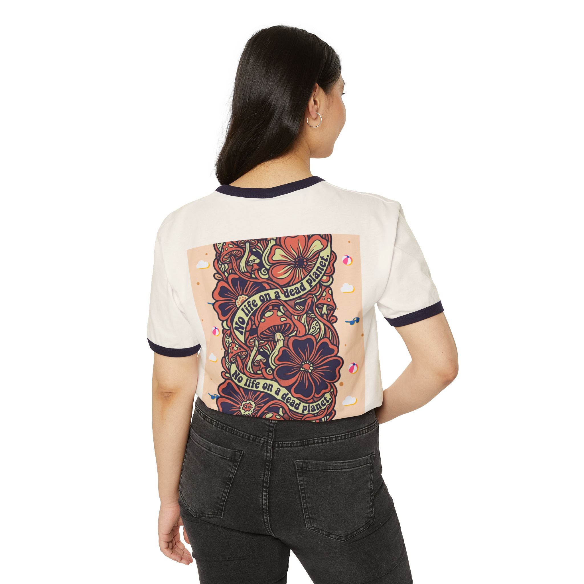 Skull & Flowers Ringer T-Shirt — “No Life on Mars” Retro Graphic Tee