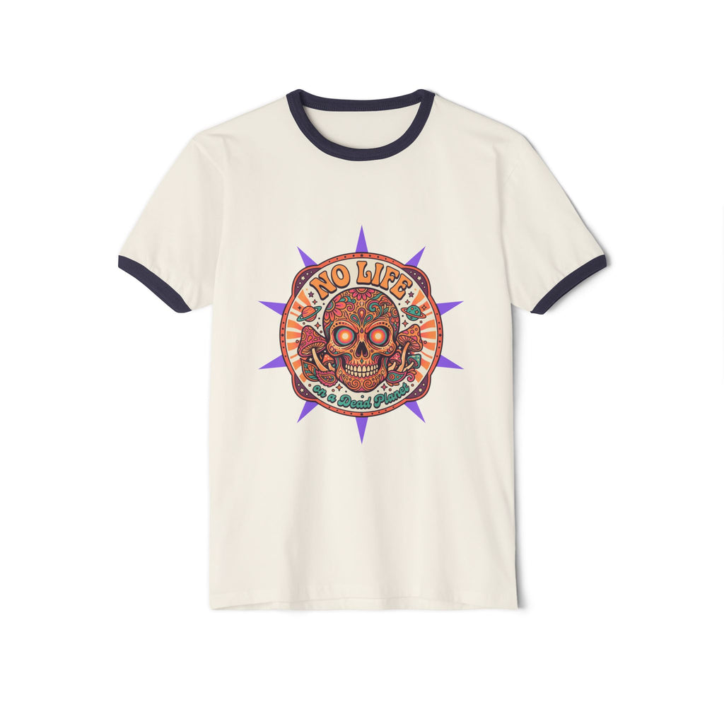 Skull & Flowers Ringer T-Shirt — “No Life on Mars” Retro Graphic Tee