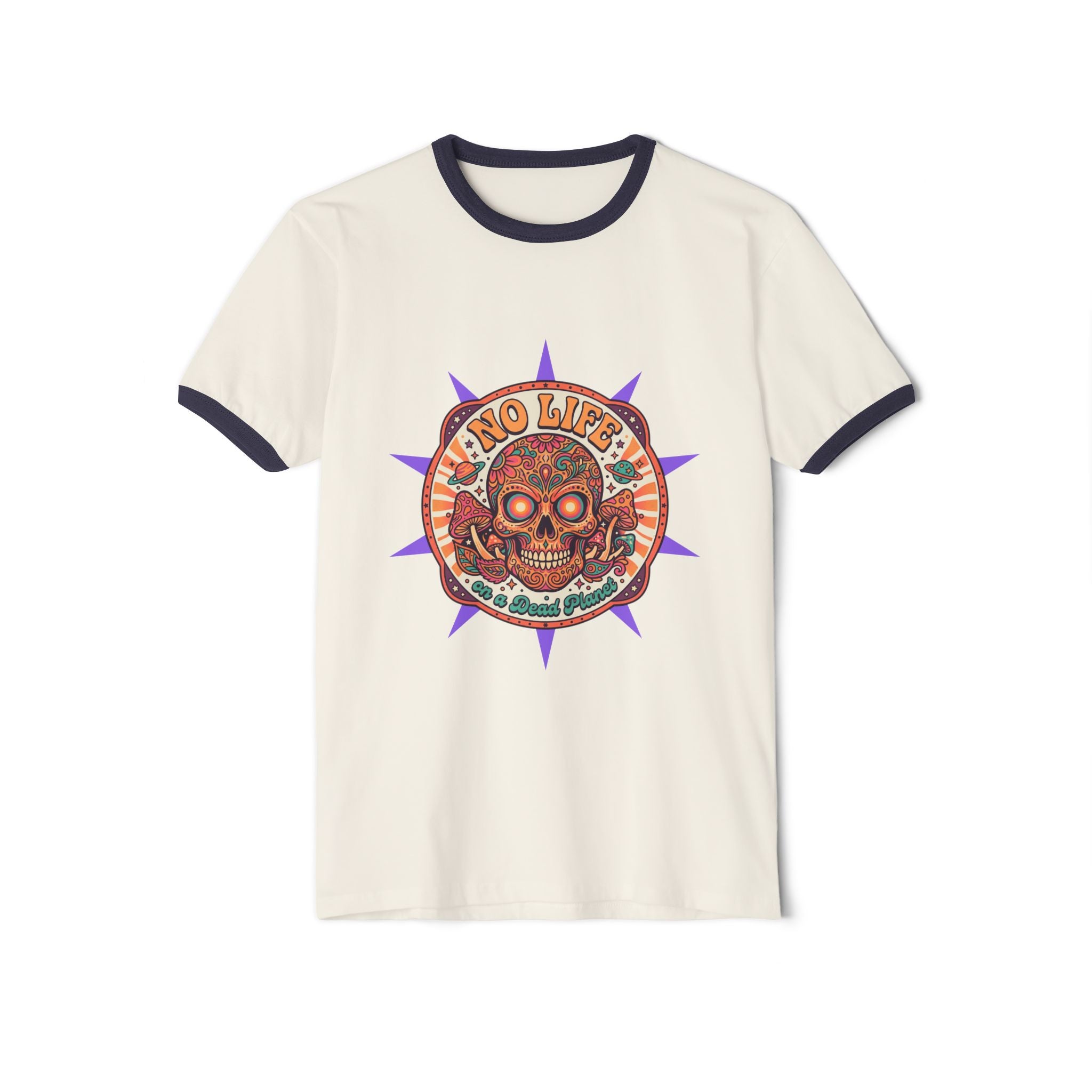Skull & Flowers Ringer T-Shirt — “No Life on Mars” Retro Graphic Tee