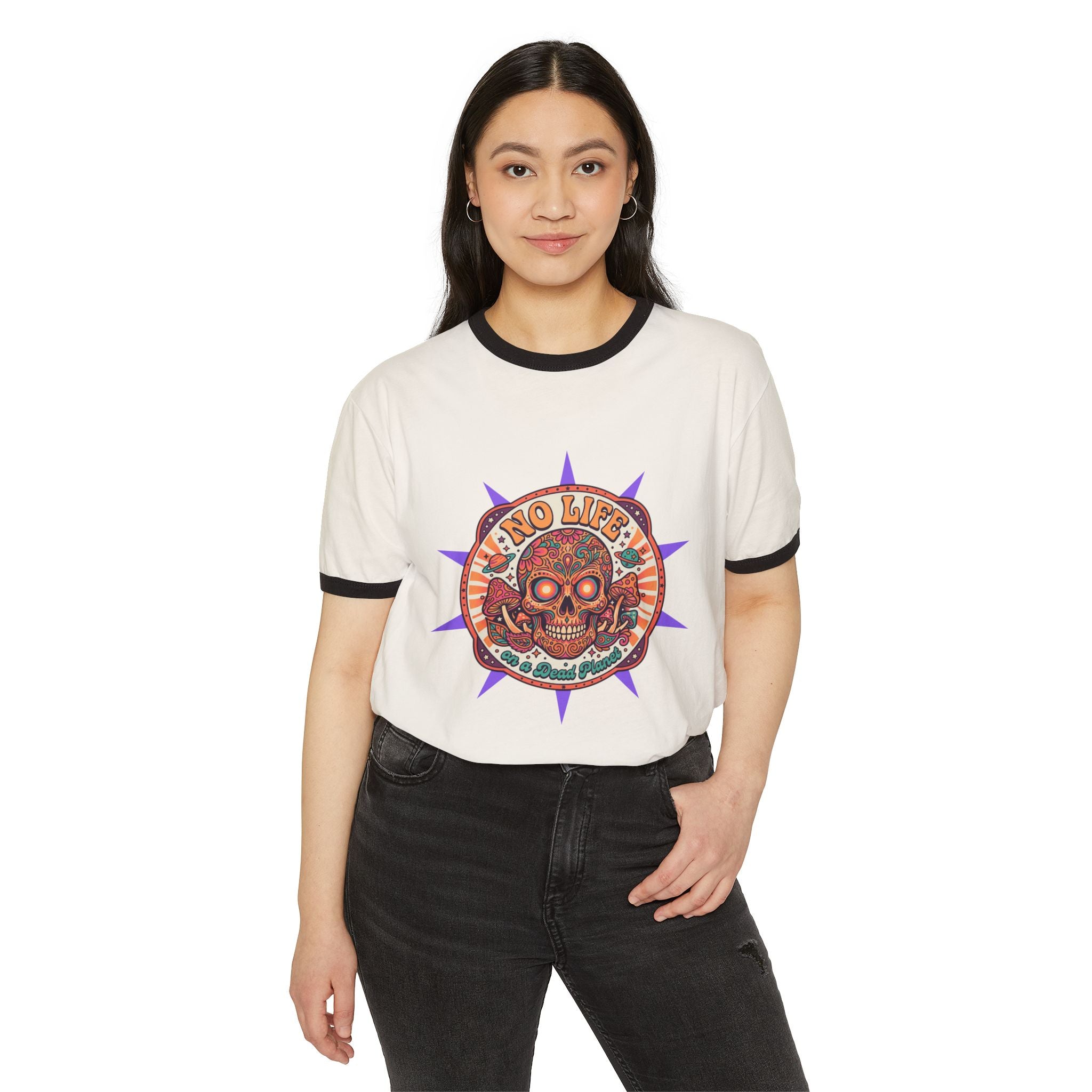 Skull & Flowers Ringer T-Shirt — “No Life on Mars” Retro Graphic Tee